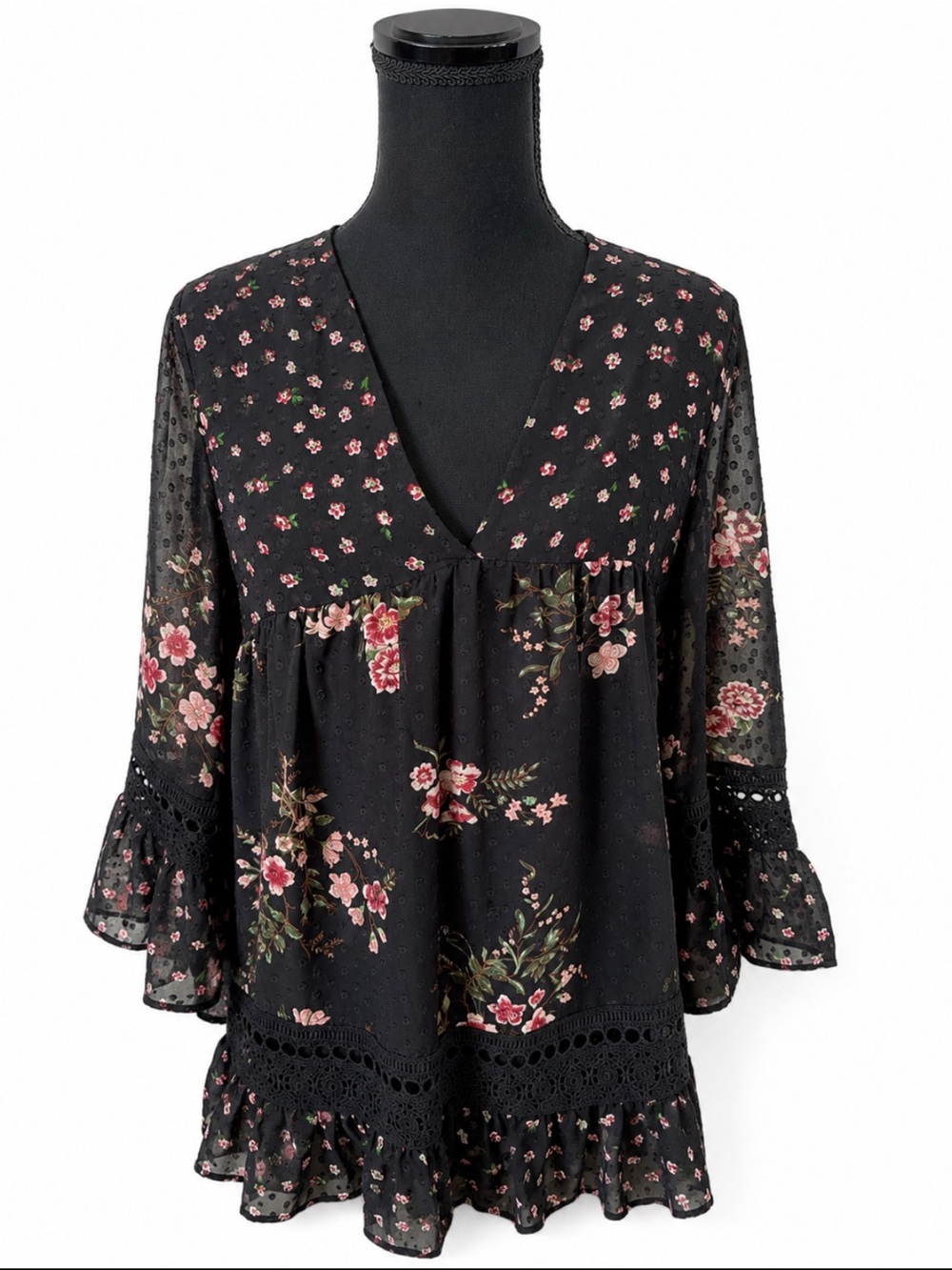 Maeve Anthropologie Black Floral Swiss Dot Lace Peasant Blouse M